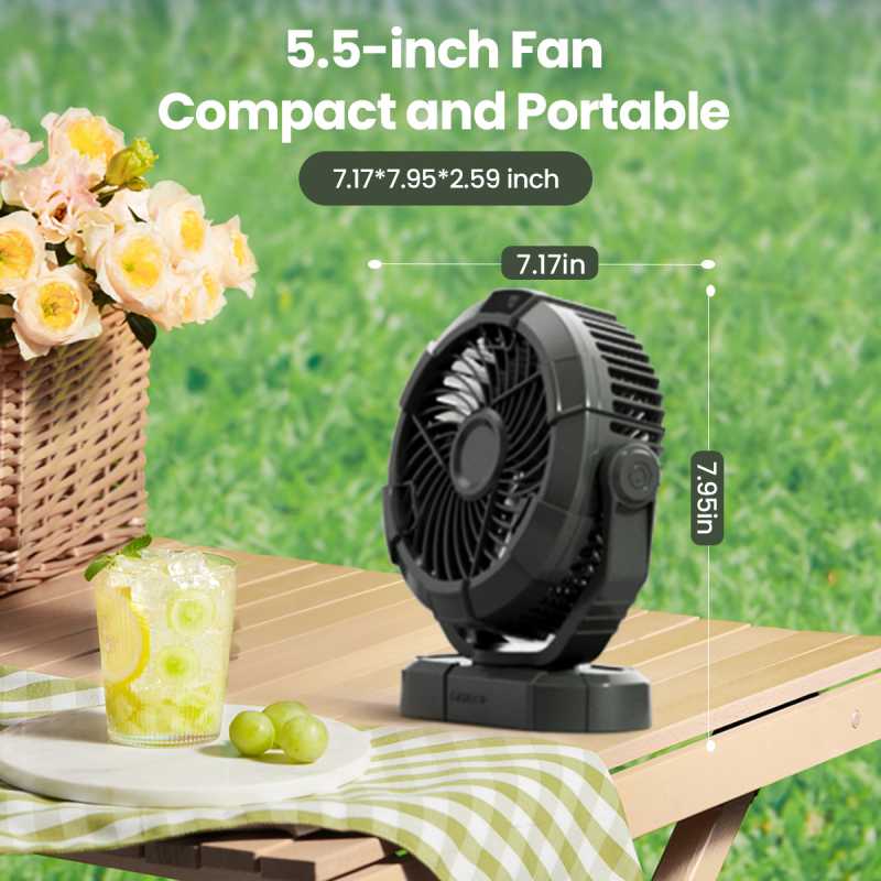 Φορητός ανεμιστήρας κάμπινγκ με LED φως, περιστροφή 360°, επαναφορτιζόμενη μπαταρία Li‑ion 4000 mAh, 3 ταχύτητες, κατάλληλο για σκηνή και υπνοδωμάτιο