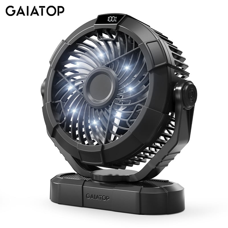 Φορητός ανεμιστήρας κάμπινγκ με LED φως, περιστροφή 360°, επαναφορτιζόμενη μπαταρία Li‑ion 4000 mAh, 3 ταχύτητες, κατάλληλο για σκηνή και υπνοδωμάτιο