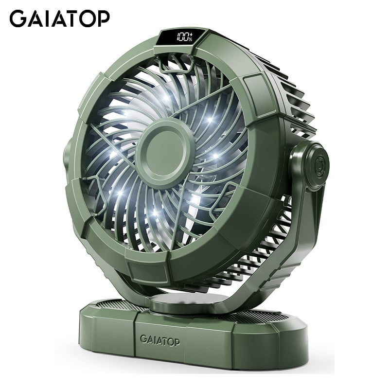 Φορητός ανεμιστήρας κάμπινγκ με LED φως, περιστροφή 360°, επαναφορτιζόμενη μπαταρία Li‑ion 4000 mAh, 3 ταχύτητες, κατάλληλο για σκηνή και υπνοδωμάτιο