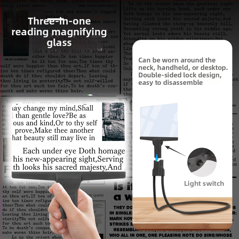 Lupa na čítanie na krk pre seniorov s HD LED osvetlením, lupa na celú stránku, 3 v 1: na krk / v ruke / na stole