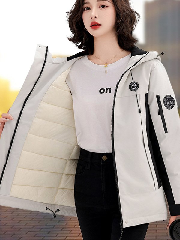 Ženski zimski kaput od poliestera s kapuljom, debela podstava, srednja duljina, zatvarač