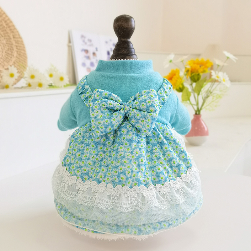 CQ833 ziemas kleita mājdzīvniekiem ar kokvilnas pildījumu, saišķēta lente, divslāņains quiltēts audums, brīvā stila