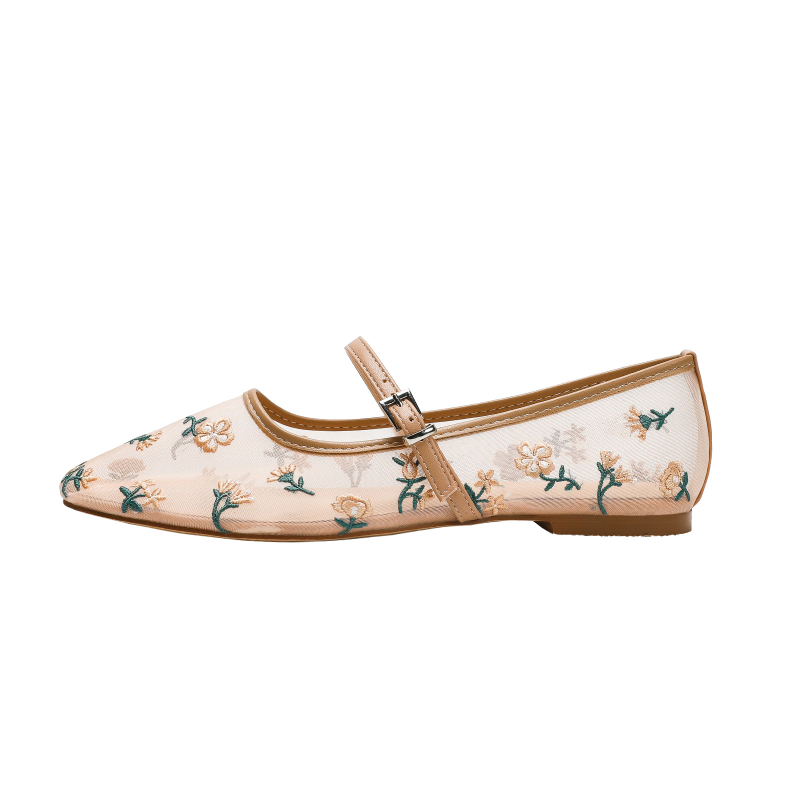 Ženske Mary Jane cipele s okruglim nosom, PU gornji dio, mrežasti materijal, niski potpetice, cvjetni uzorak