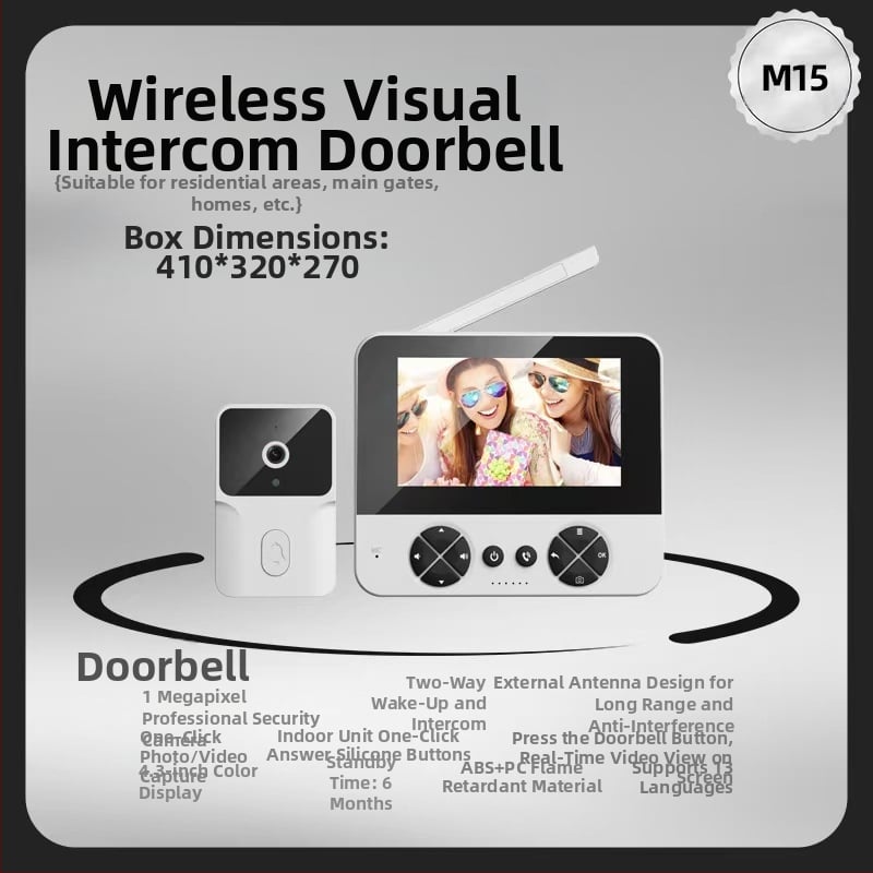 Video durvju zvans ar kameru un nakts redzi, iekšējai izmantošanai, modelis M15, strāvas padeve 110–220V, dažādi zvani.