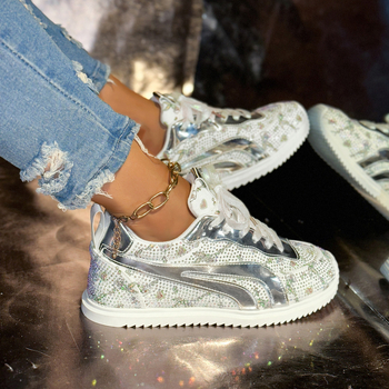 Γυναικεία αθλητικά παπούτσια με κρύσταλλα, ύψος αύξησης σε μεσαίο τακούνι 3–5 cm, PU επάνω μέρος, καουτσούκ σόλα, κορδόνια, διχτυωτή επένδυση