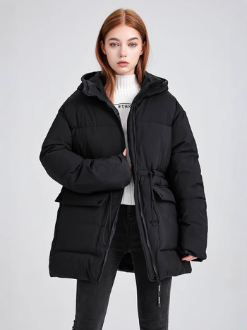 Γυναικείο παλτό με κουκούλα, μεσαίου μήκους, φαρδιά γραμμή, παχύ ζεστό γέμισμα πολυεστέρα-βαμβάκι, φερμουάρ, κορεατικό casual στυλ