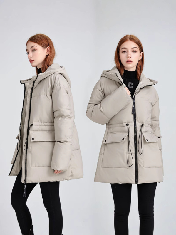 Ženski kaput srednje duljine s kapuljom, slobodan kroj, debelo toplo punilo od poliester-pamuk, zatvarač, korejski casual stil