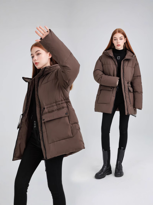 Ženski kaput srednje duljine s kapuljom, slobodan kroj, debelo toplo punilo od poliester-pamuk, zatvarač, korejski casual stil