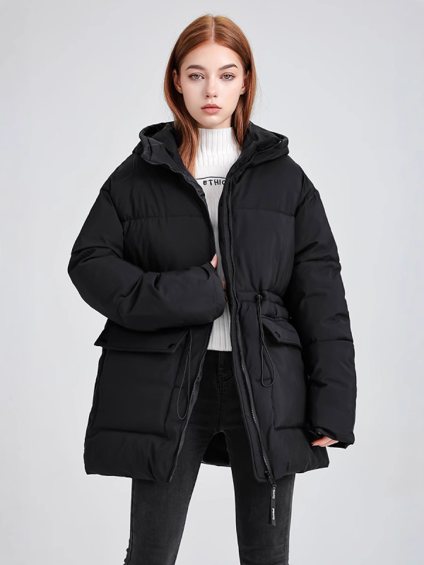 Ženski kaput srednje duljine s kapuljom, slobodan kroj, debelo toplo punilo od poliester-pamuk, zatvarač, korejski casual stil