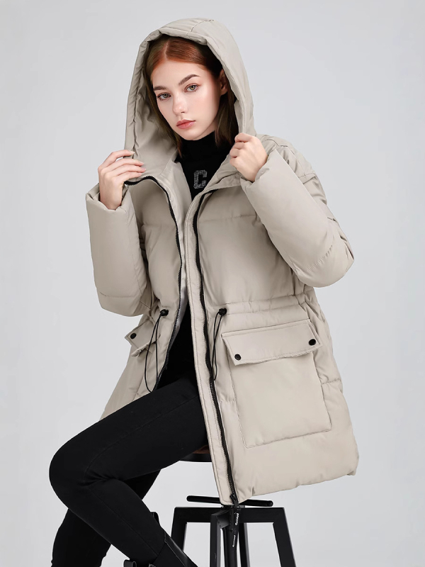 Ženski kaput srednje duljine s kapuljom, slobodan kroj, debelo toplo punilo od poliester-pamuk, zatvarač, korejski casual stil