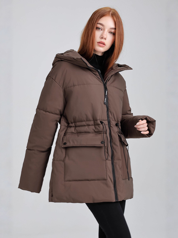 Ženski kaput srednje duljine s kapuljom, slobodan kroj, debelo toplo punilo od poliester-pamuk, zatvarač, korejski casual stil