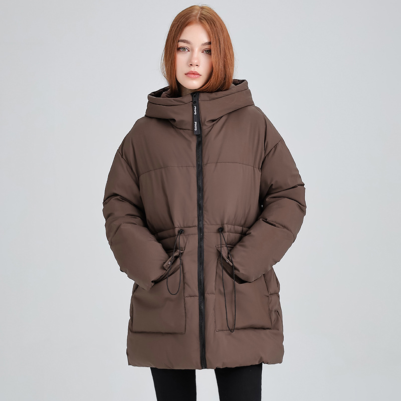 Ženski kaput srednje duljine s kapuljom, slobodan kroj, debelo toplo punilo od poliester-pamuk, zatvarač, korejski casual stil