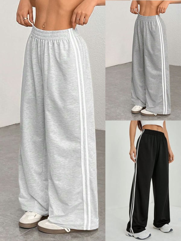 Ženske široke dugačke hlače s patchworkom u prugastom dizajnu, visoki struk, poliester s elastanom, casual euro-američki stil, jesen-zima
