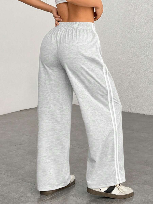 Ženske široke dugačke hlače s patchworkom u prugastom dizajnu, visoki struk, poliester s elastanom, casual euro-američki stil, jesen-zima