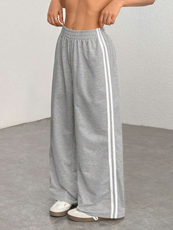 Ženske široke dugačke hlače s patchworkom u prugastom dizajnu, visoki struk, poliester s elastanom, casual euro-američki stil, jesen-zima