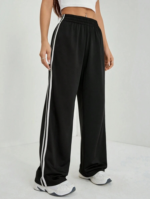 Ženske široke dugačke hlače s patchworkom u prugastom dizajnu, visoki struk, poliester s elastanom, casual euro-američki stil, jesen-zima