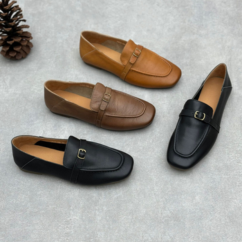 Loafers no patiesas liellopa ādas, kvadrātveida purns, slip-on, plata papēža, iekšējā zole no cūku ādas