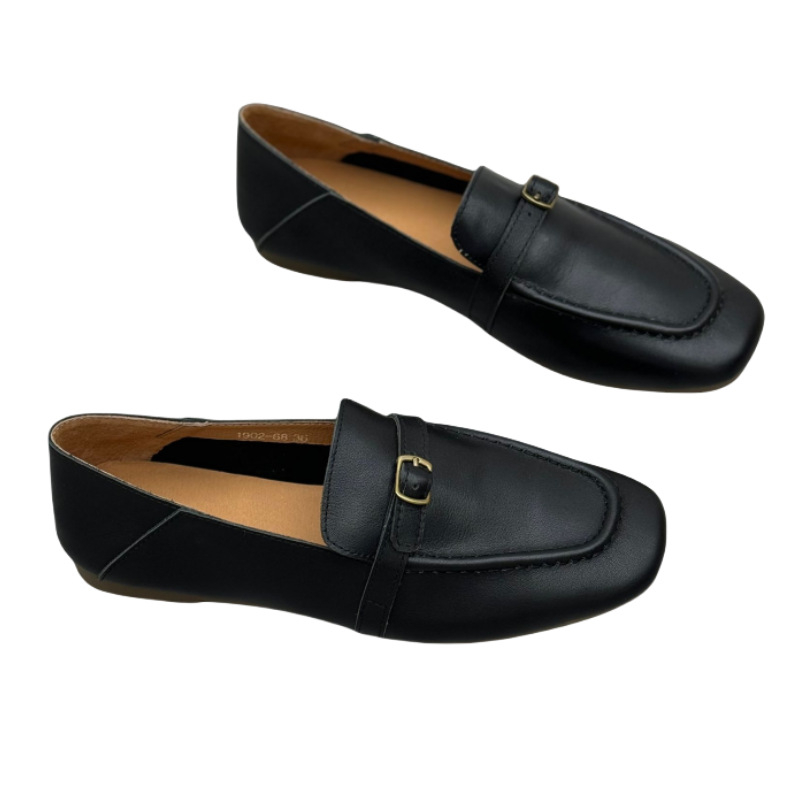 Loafers no patiesas liellopa ādas, kvadrātveida purns, slip-on, plata papēža, iekšējā zole no cūku ādas