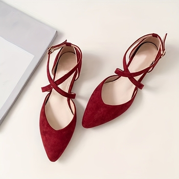 Дамски балерини с кръстосан дизайн на презрамки, горна част Fly Knitting, кожен нос, Slip-On, ток над 8 см, мрежеста подплата