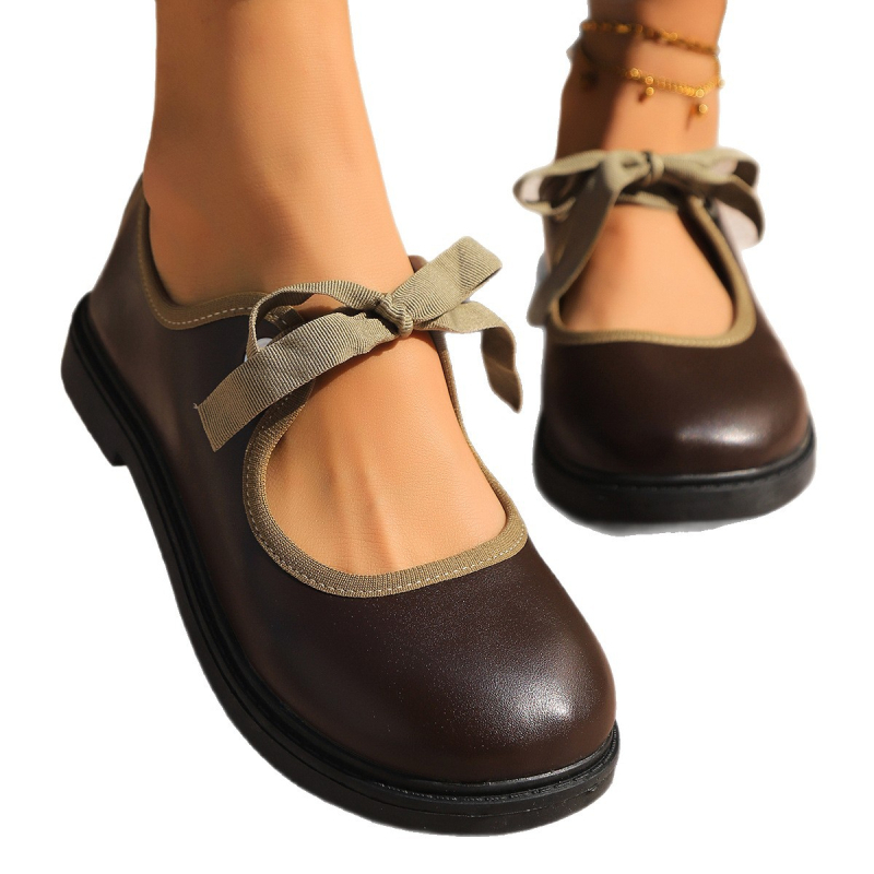 Κορεατικού στυλ Bean Shoes loafers με στρογγυλή μύτη, χαμηλό τακούνι, κορδόνια, PU άνω μέρος, καουτσούκ σόλα