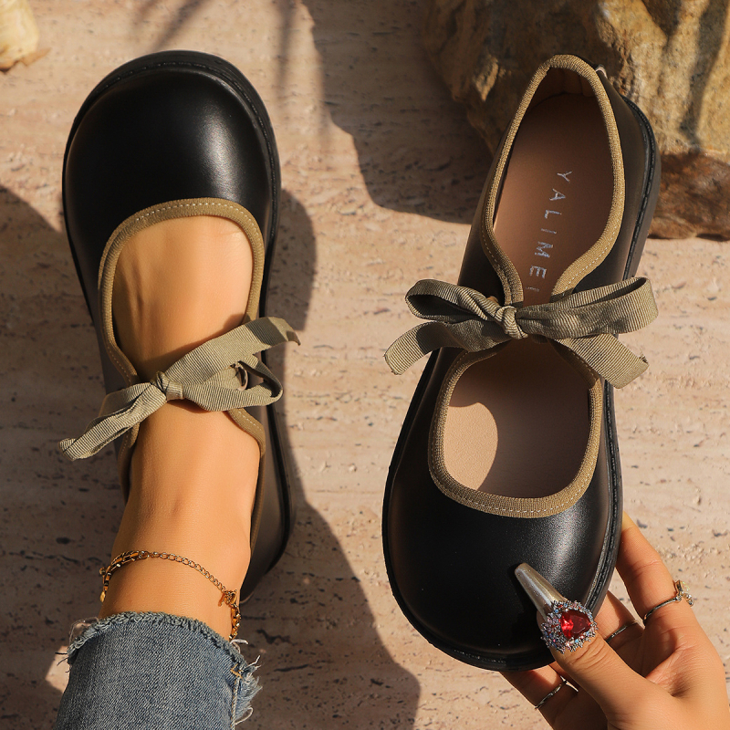 Κορεατικού στυλ Bean Shoes loafers με στρογγυλή μύτη, χαμηλό τακούνι, κορδόνια, PU άνω μέρος, καουτσούκ σόλα