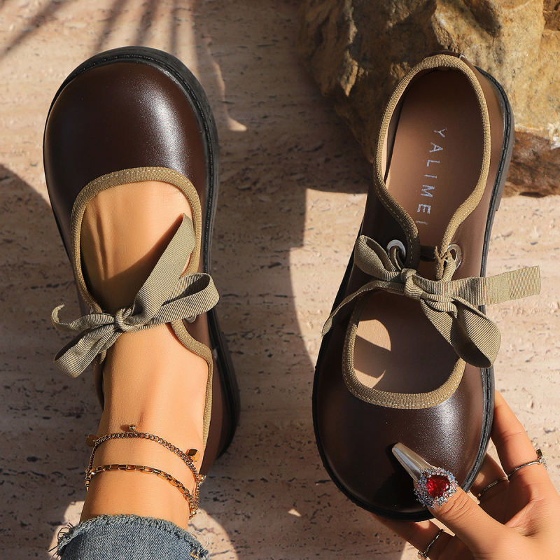 Κορεατικού στυλ Bean Shoes loafers με στρογγυλή μύτη, χαμηλό τακούνι, κορδόνια, PU άνω μέρος, καουτσούκ σόλα