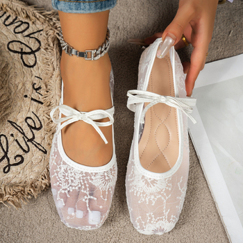 Γυναικεία παπούτσια με επίπεδη σόλα, στρογγυλή μύτη, άνω μέρος από δίχτυ, χωρίς κορδόνια, χαμηλό τακούνι