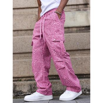 Pantaloni cu imprimeu leopard, croială lejeră, lungime de 9/10, bumbac natural (CVC), întindere ușoară