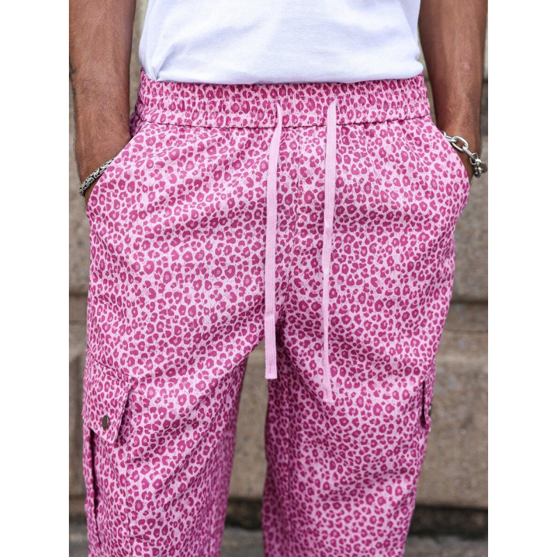 Pantaloni cu imprimeu leopard, croială lejeră, lungime de 9/10, bumbac natural (CVC), întindere ușoară