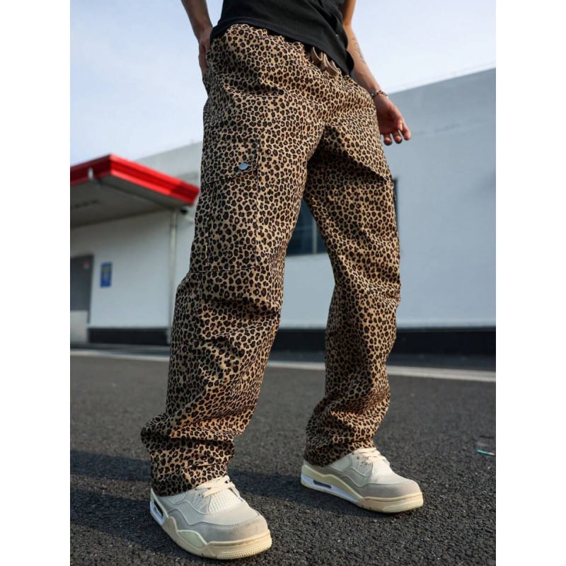 Pantaloni cu imprimeu leopard, croială lejeră, lungime de 9/10, bumbac natural (CVC), întindere ușoară