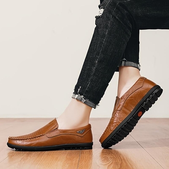 Ανδρικοί loafers χωρίς κορδόνια, με επάνω μέρος από ραφία, δέρμα με διορθωμένη υφή, ριγέ μοτίο, ύψος τακουνιού 0–1 εκ