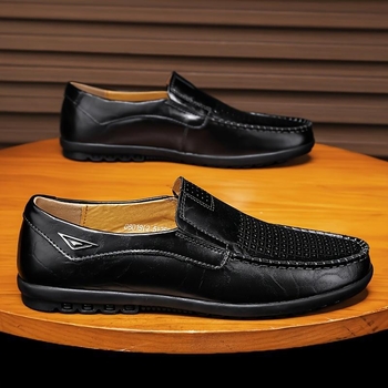 Ανδρικοί loafers χωρίς κορδόνια, με επάνω μέρος από ραφία, δέρμα με διορθωμένη υφή, ριγέ μοτίο, ύψος τακουνιού 0–1 εκ