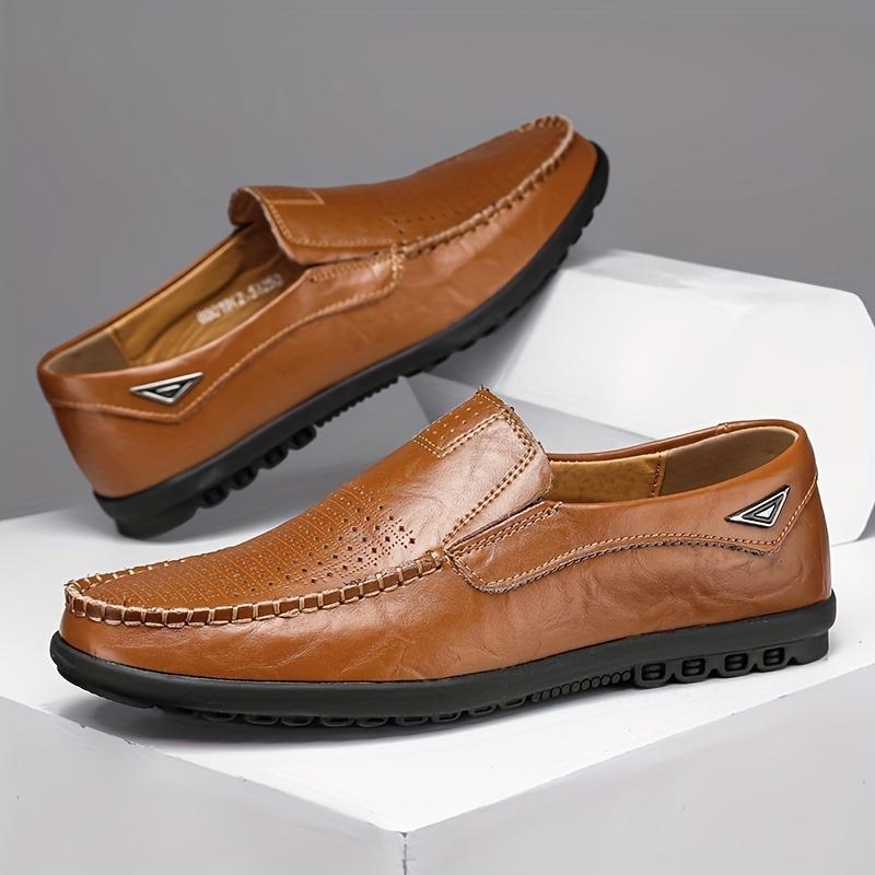 Ανδρικοί loafers χωρίς κορδόνια, με επάνω μέρος από ραφία, δέρμα με διορθωμένη υφή, ριγέ μοτίο, ύψος τακουνιού 0–1 εκ