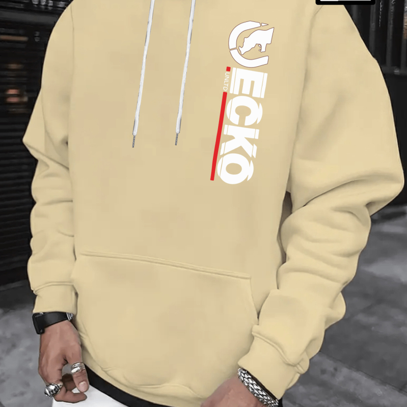 Vīriešu kapucētais džemperis - Geometriska burti drukāšana, Poliesteris audums, Priekšējā kabata, Garas piedurknes, Brīvs griezums Korejas stilā