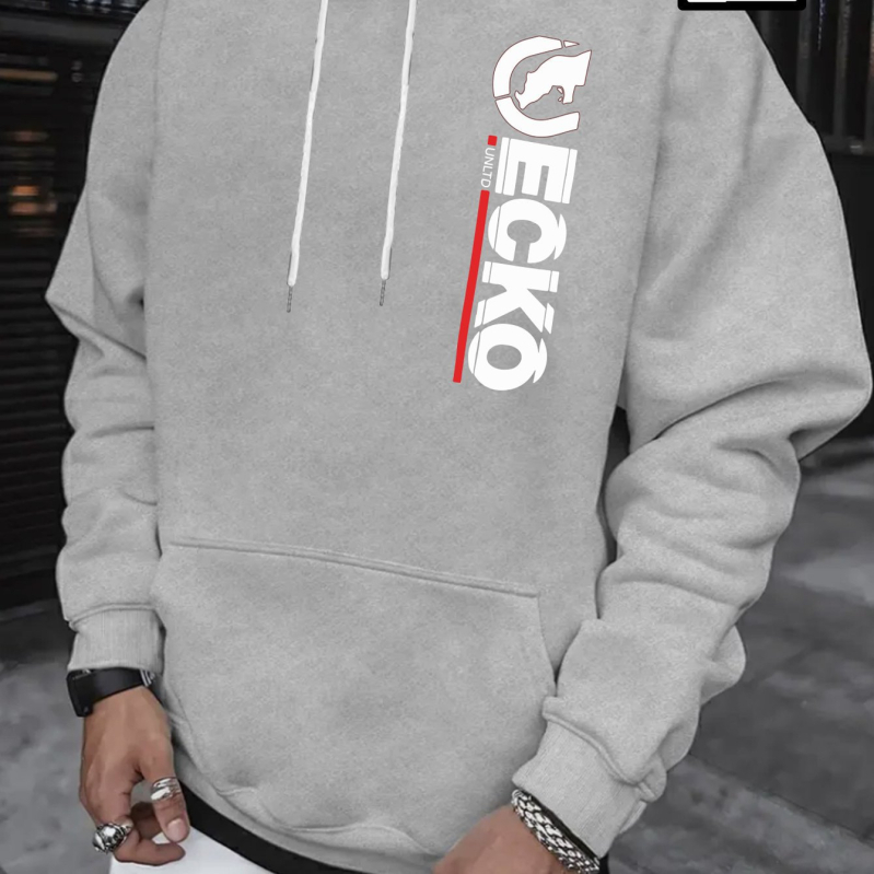 Vīriešu kapucētais džemperis - Geometriska burti drukāšana, Poliesteris audums, Priekšējā kabata, Garas piedurknes, Brīvs griezums Korejas stilā