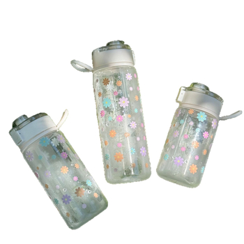 Πλαστικό tumbler νερού με καπάκι κλικ, φλοράλ μοτίβο, υλικό PC, κορεατικό στυλ με λουράκι μεταφοράς, επαναχρησιμοποιήσιμο