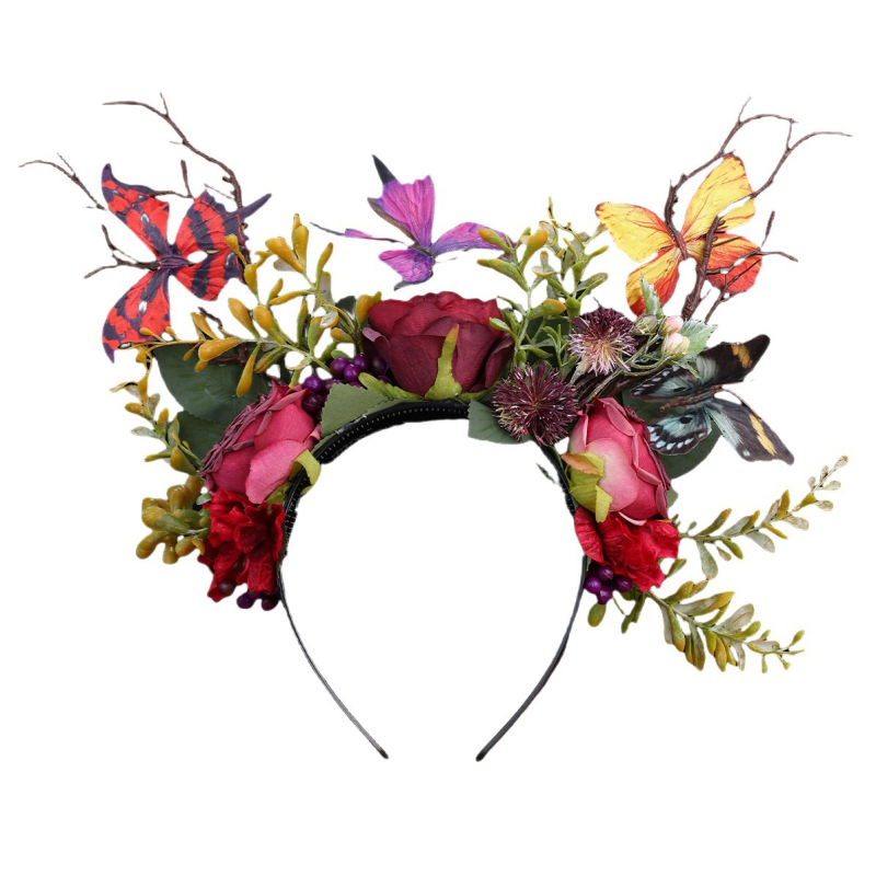 Κορδέλα μαλλιών από ύφασμα με μοτίβο πεταλούδας και τριαντάφυλλου — DY906, χειροποίητο