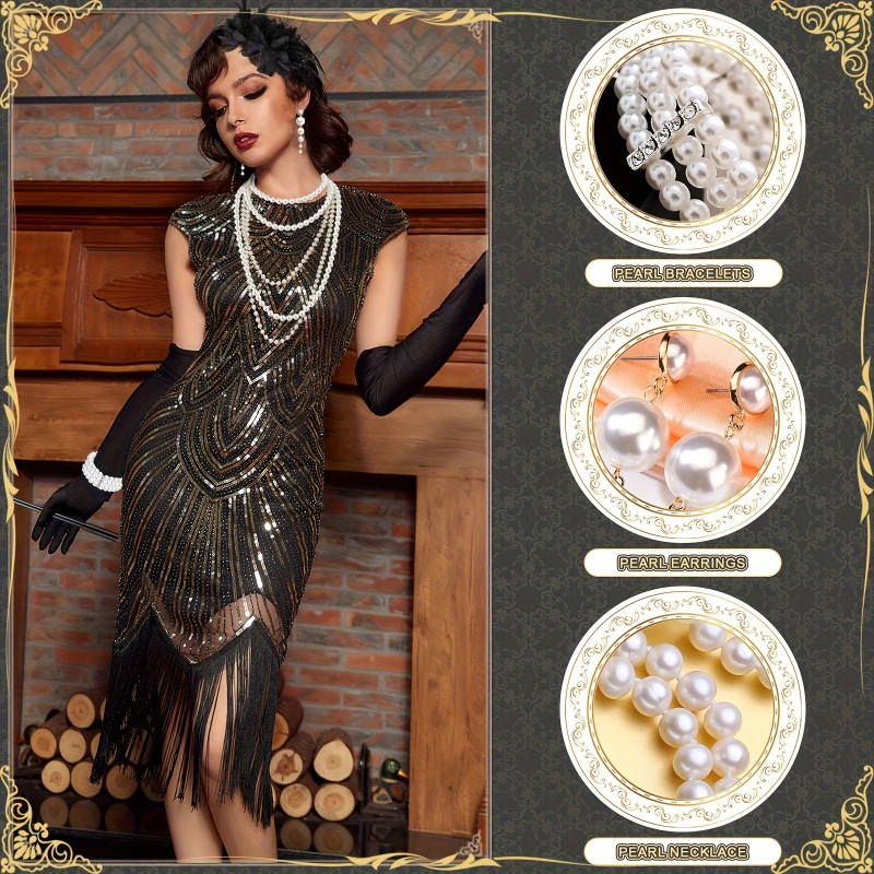 1920. gadu vintage stila sieviešu kostīmu piederumu komplekts – kaklarota, cimdi, galvas lente, poliester LP226