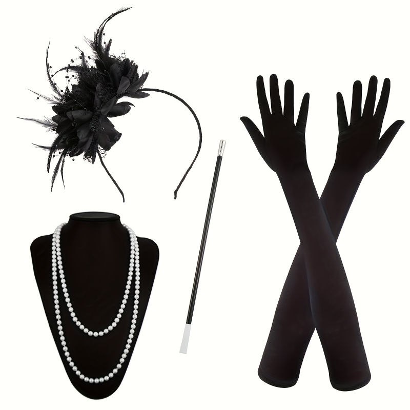 1920. gadu vintage stila sieviešu kostīmu piederumu komplekts – kaklarota, cimdi, galvas lente, poliester LP226