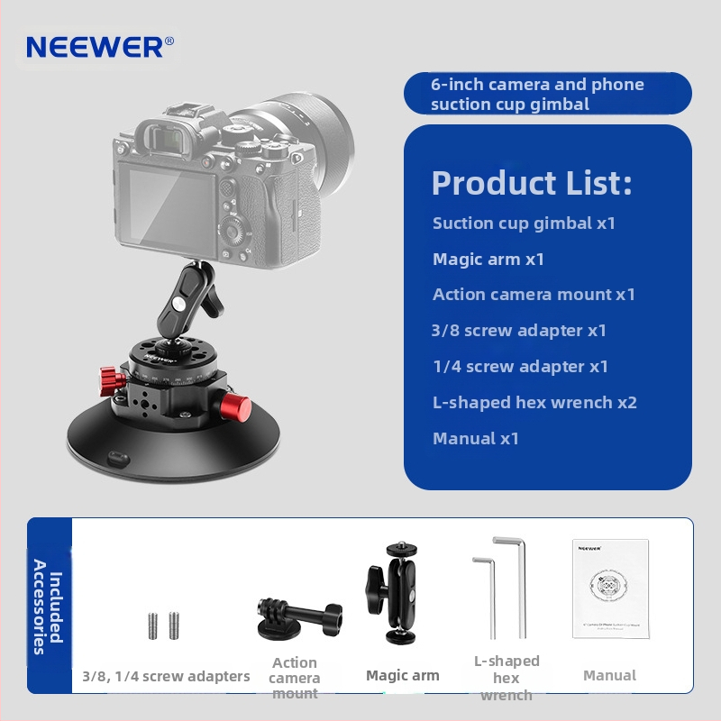 Neewer Cap de Gimbal cu Ventuză din Aluminiu pentru Cameră/Telefon/GoPro — Aspirație Puternică, Montură Auto Stabilă