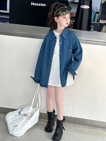 Παιδικό τζιν μπουφάν για κορίτσια, άνοιξη, κορεατικό στυλ, γιακά τύπου Lapel, μακριά μανίκια, μονόμπροστο κλείσιμο, μεσαίου μήκους