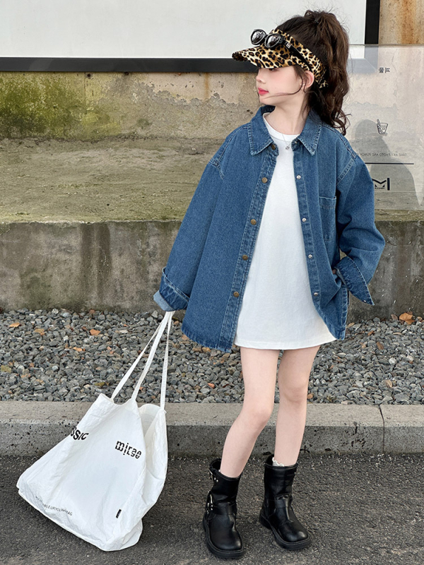 Meitenēm paredzēta džinsa jaka pavasarim, Korejas stils, apkakle Lapel, garas piedurknes, vienkāršs aizvērums, vidēja garuma, bez odas