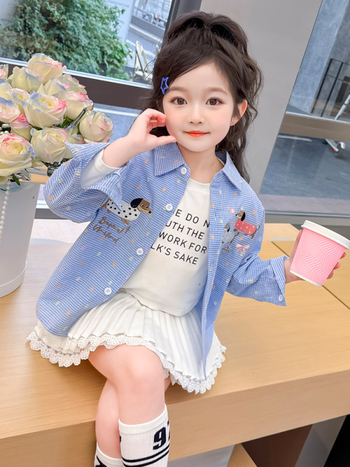 Cămașă pentru copii pentru fete cu broderie cu cățeluș - casual, mânecă lungă, guler rever, primăvară-toamnă