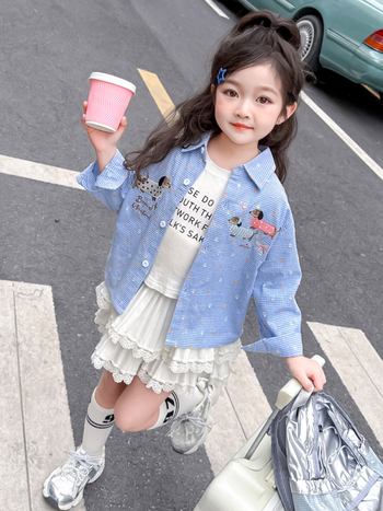 Cămașă pentru copii pentru fete cu broderie cu cățeluș - casual, mânecă lungă, guler rever, primăvară-toamnă