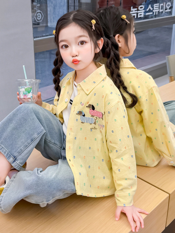 Cămașă pentru copii pentru fete cu broderie cu cățeluș - casual, mânecă lungă, guler rever, primăvară-toamnă