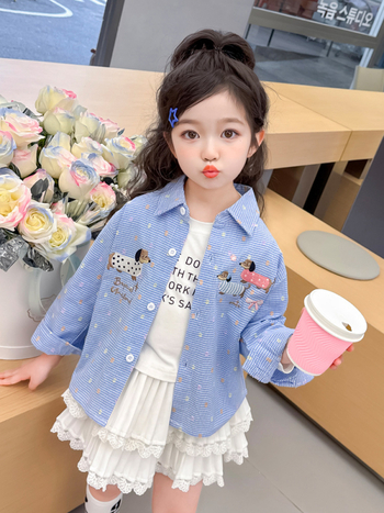 Cămașă pentru copii pentru fete cu broderie cu cățeluș - casual, mânecă lungă, guler rever, primăvară-toamnă