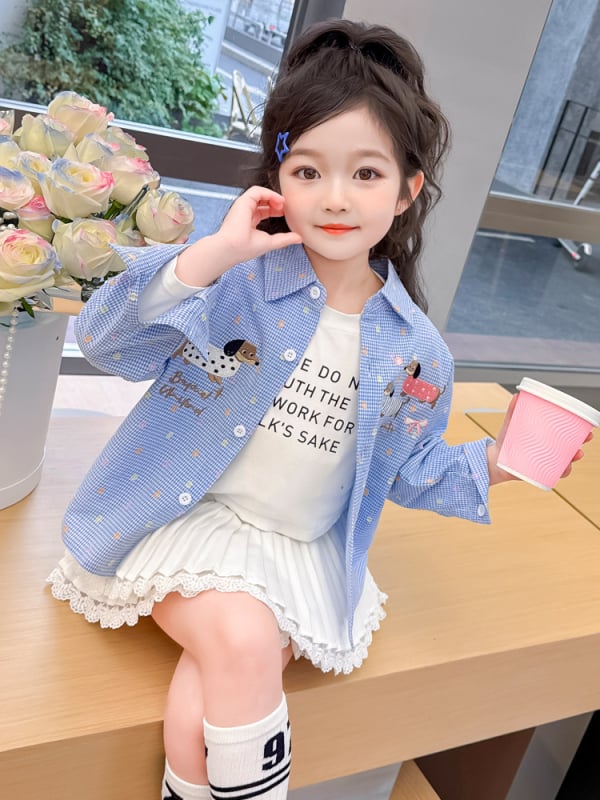 Cămașă pentru copii pentru fete cu broderie cu cățeluș - casual, mânecă lungă, guler rever, primăvară-toamnă