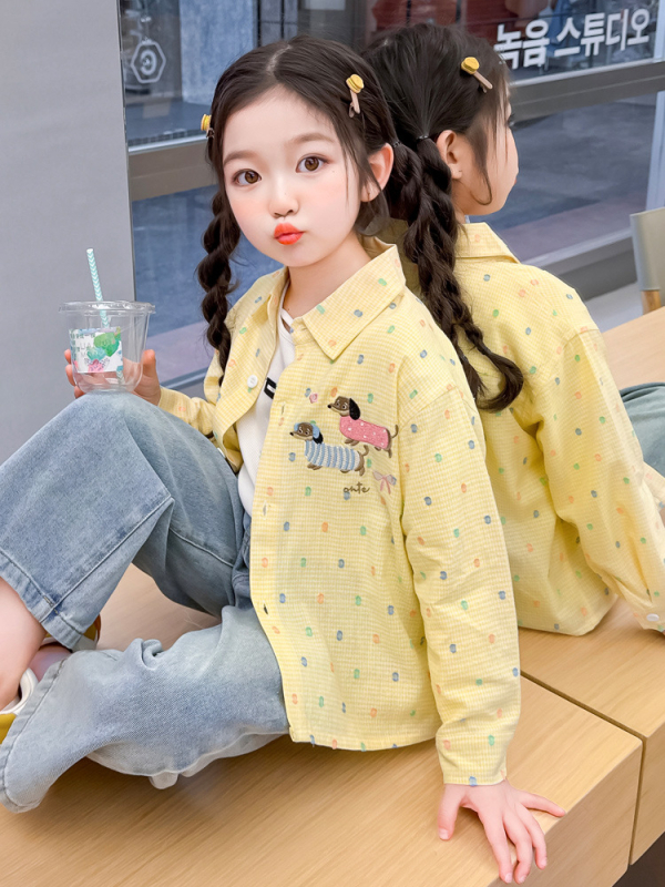 Cămașă pentru copii pentru fete cu broderie cu cățeluș - casual, mânecă lungă, guler rever, primăvară-toamnă