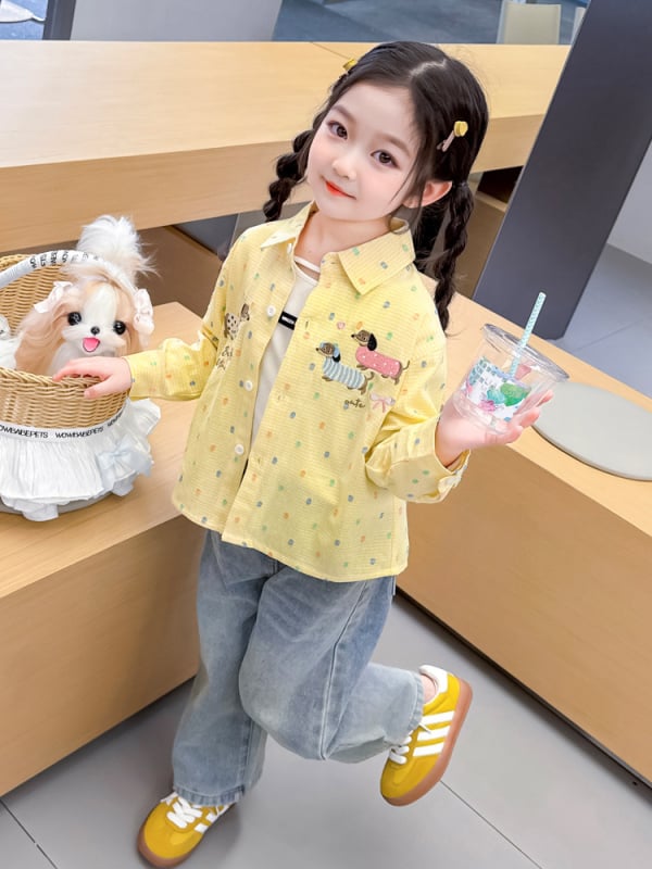 Cămașă pentru copii pentru fete cu broderie cu cățeluș - casual, mânecă lungă, guler rever, primăvară-toamnă