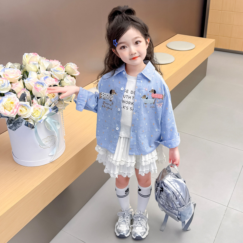 Cămașă pentru copii pentru fete cu broderie cu cățeluș - casual, mânecă lungă, guler rever, primăvară-toamnă